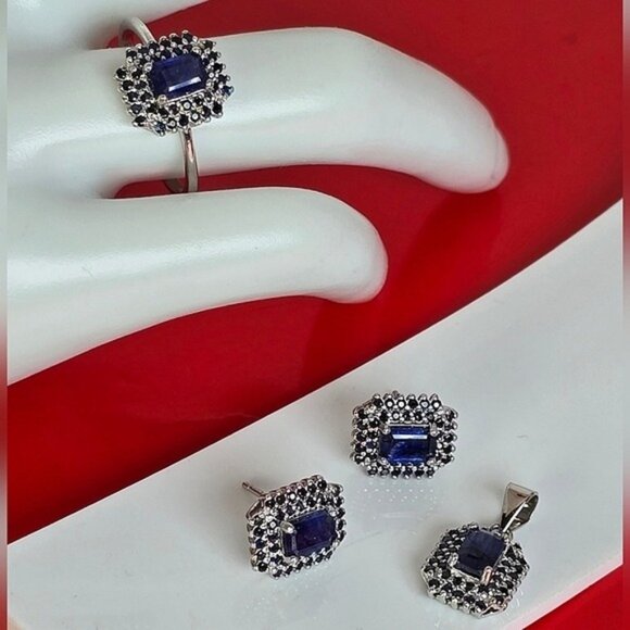 Natural Sapphire set 925 Sterling Silver Earrings Pendant Ring 7.25 - Picture 7 of 8